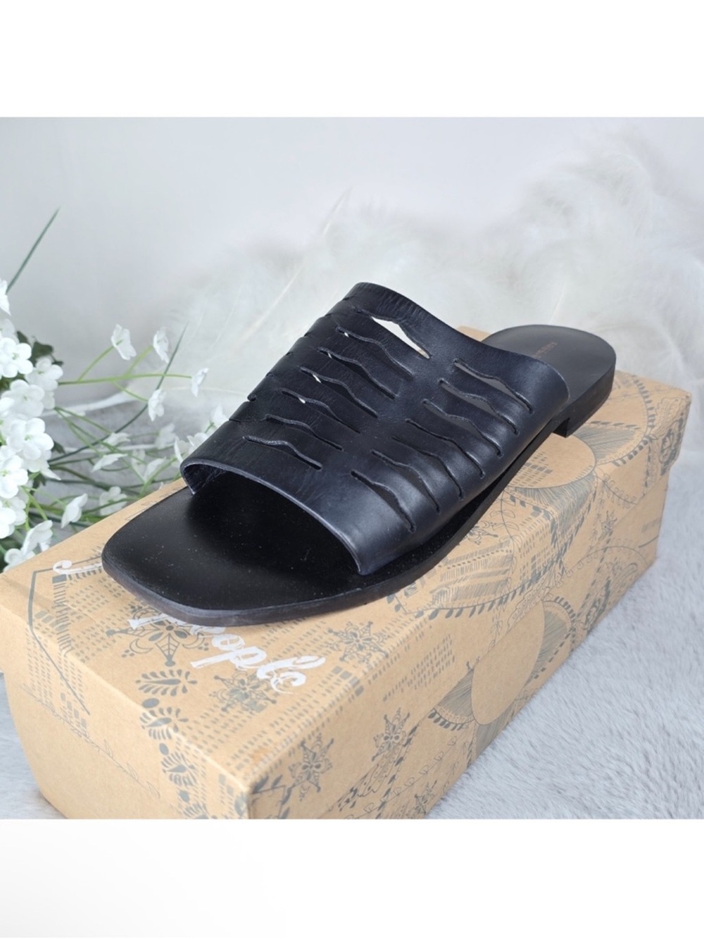 Free People Black Slice of Sun Leather Slide Sandals